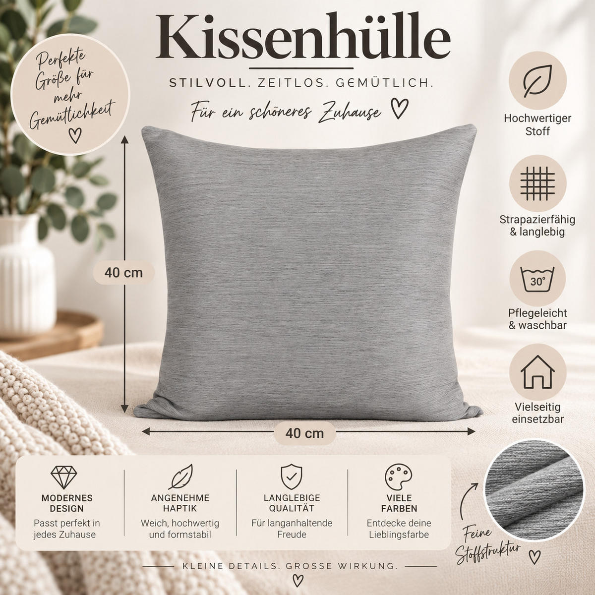KISSENBEZUG Canada 40/40 cm meliert Hellgrau - Hellgrau, Textil (40/40cm) - TiborTex