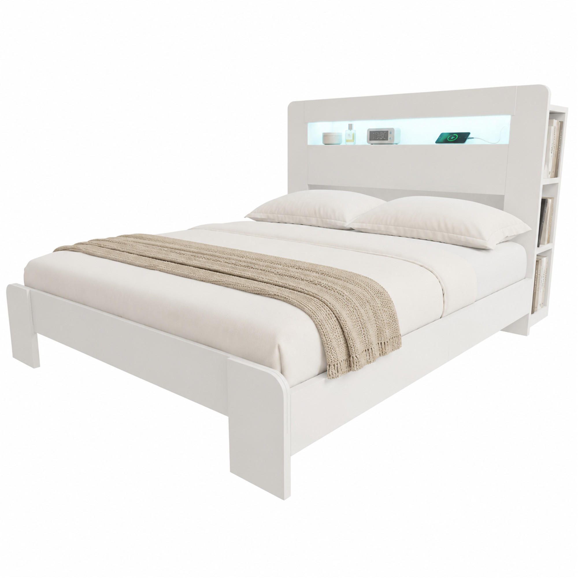 RAHMENBETT 140/200 cm in Weiß mit Stauraum, LED und Steckdosen - Weiß, Holz/Holzwerkstoff (140/200cm) - WISHDOR