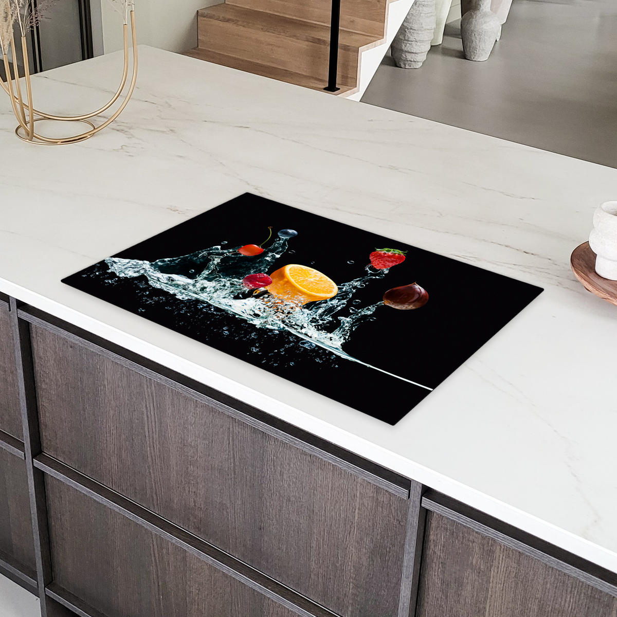HERDABDECKPLATTE Wasser - Obst - Orange - Erdbeere - Kirsche - Schwarz 81x52 cm - Orange, Kunststoff (81.6/0.2/52.7cm) - MuchoWow