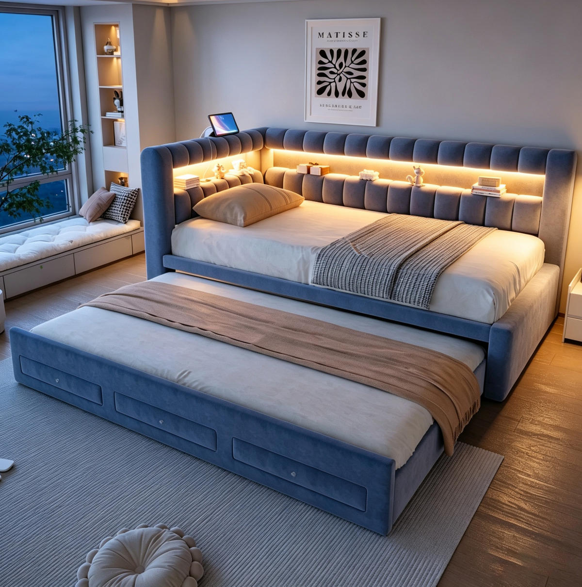 POLSTERBETT Schlafsofa aus Samt 90x190 cm Dunkelgrau mit Ausziehbett, Schubladen, LED und USB-/Typ-C-Anschlüssen - Grau, Textil (90/190cm) - Modfu
