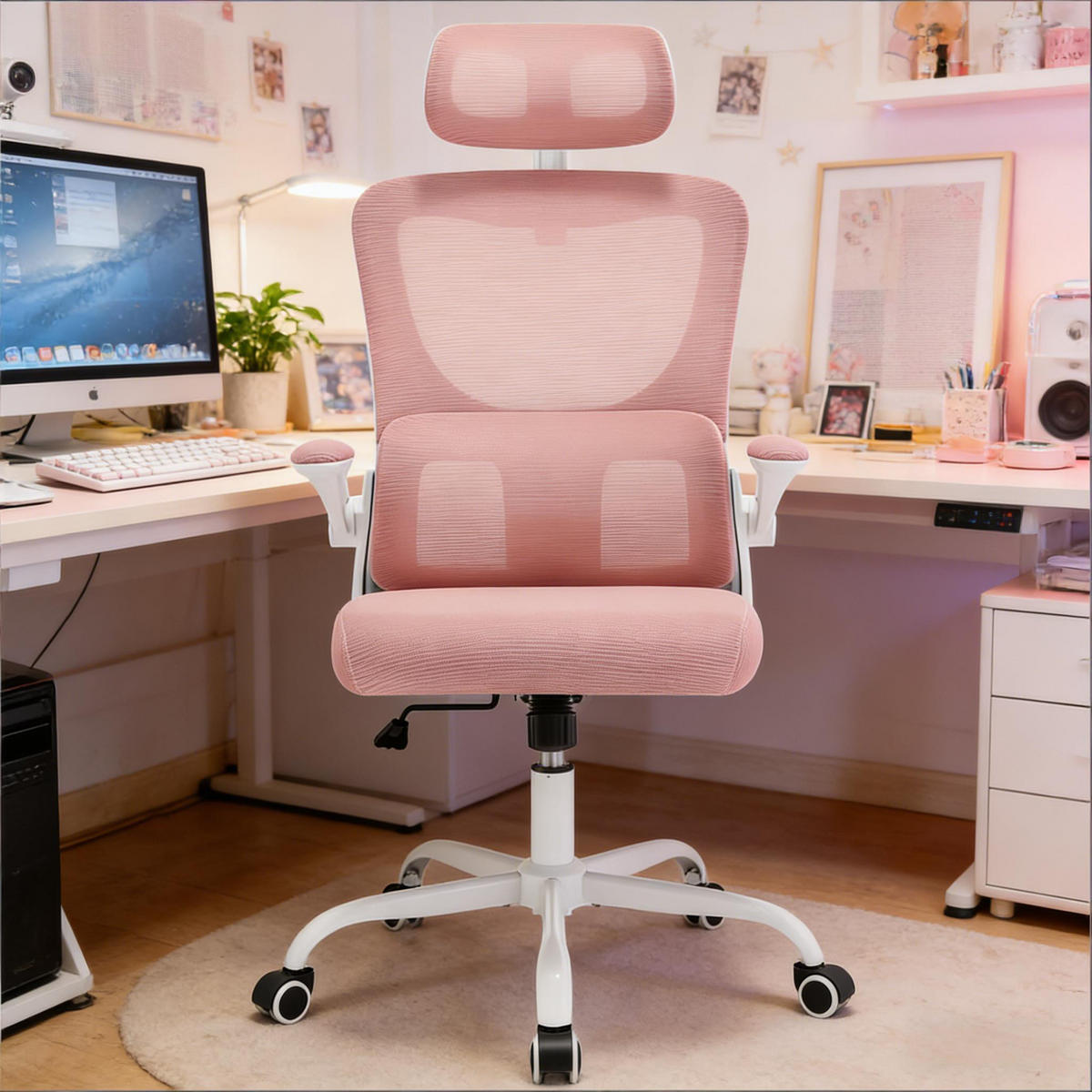 DREHSTUHL ergonomischer Bürostuhl mit hoher Rückenlehne 46-54 cm - Rosa, Leder (69.5/116/62cm) - Gisaae