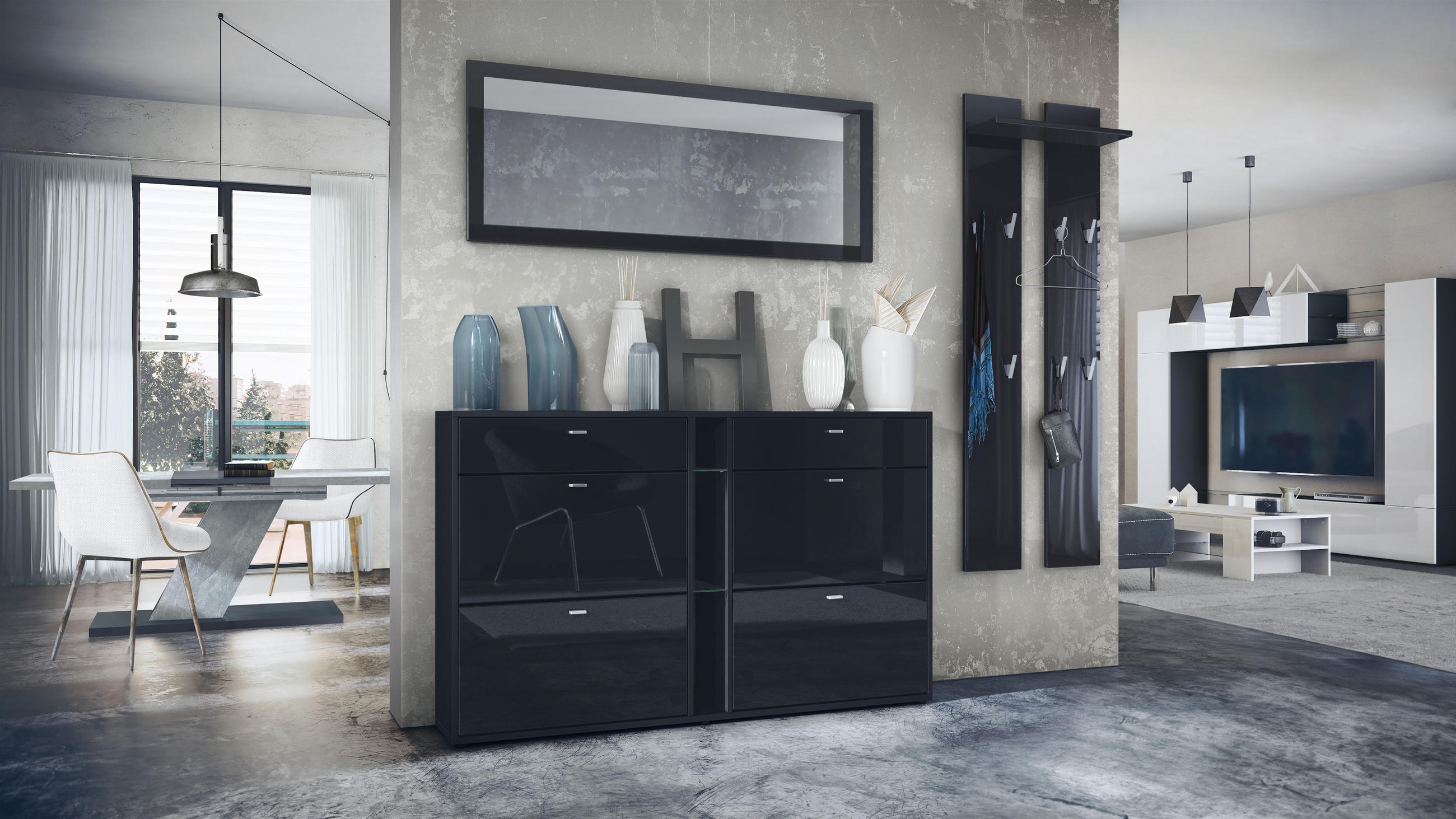 GARDEROBE Orlando Schwarz Hochglanz - Schwarz Hochglanz, Holzwerkstoff (215/210/28cm) - Vladon