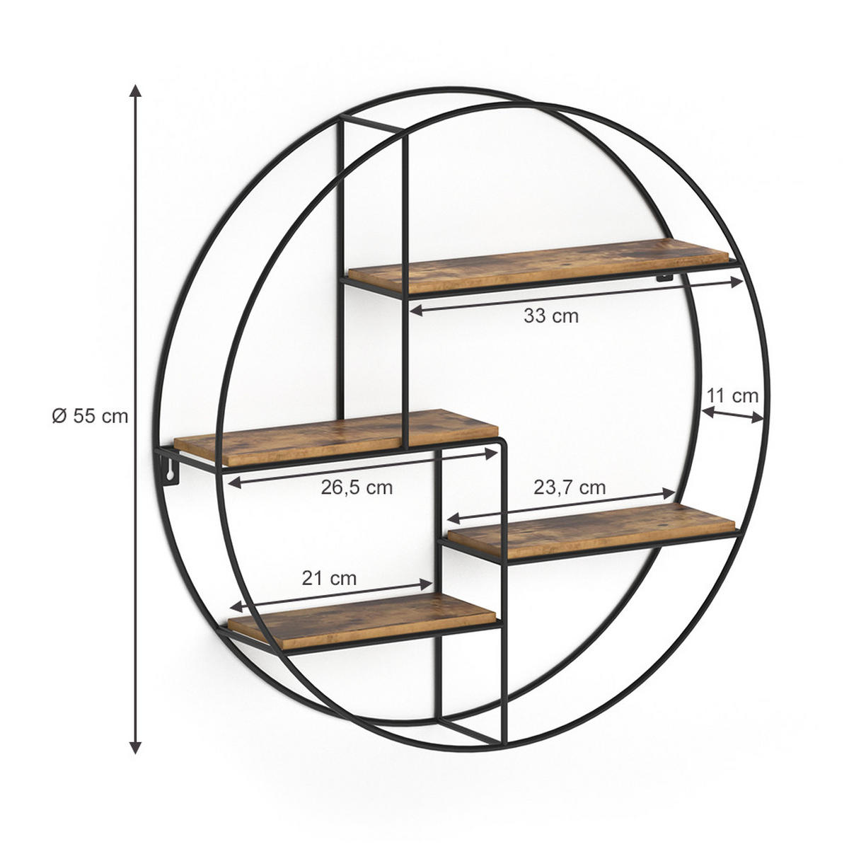 WANDREGAL Fyrk Antikholz 55 x 55 cm Rund - Wildeiche/Schwarz, Holzwerkstoff (55/55/11cm) - Vicco