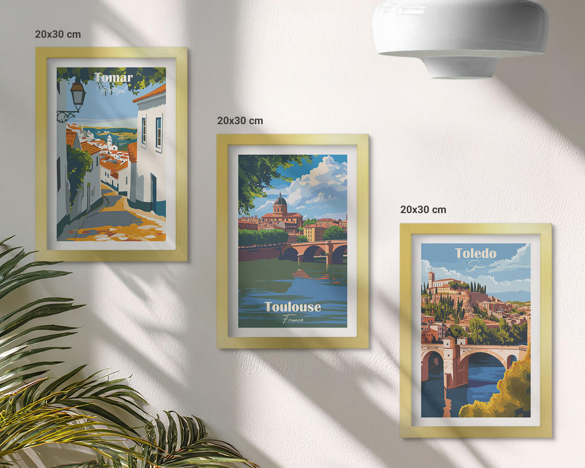 WANDBILDER 3er Set - 20x30 cm Goldrahmen - Retro-Stadtgrafiken - Goldfarben, Kunststoff (20/30cm) - ArtPrintCave