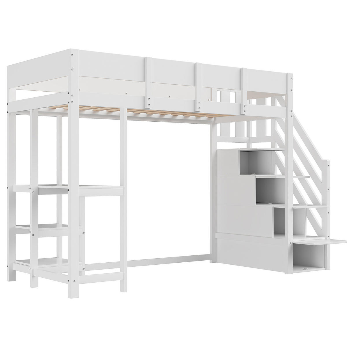 HOCHBETT 90/200 cm in Weiß mit Stauraumtreppe und Ablageregal - Weiß, Holz (90/200cm) - BEAOK