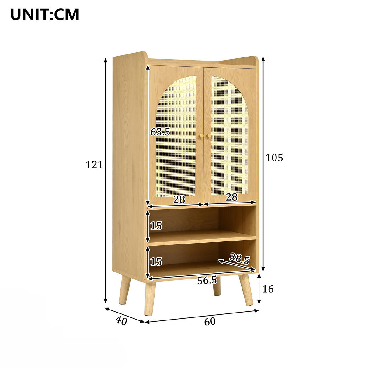 HIGHBOARD 60/121/40 cm aus Spanplatte mit Rattantüren - Naturfarben, Holzwerkstoff (40/121/60cm) - OKMYHOME