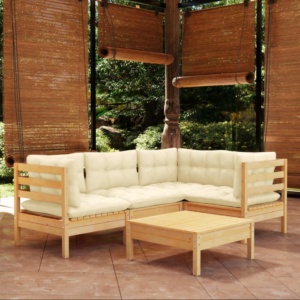 GARTEN-LOUNGE-SET 5-teilig Mit Creme Kissen Kiefernholz - Creme, Holz/Textil - vidaXL