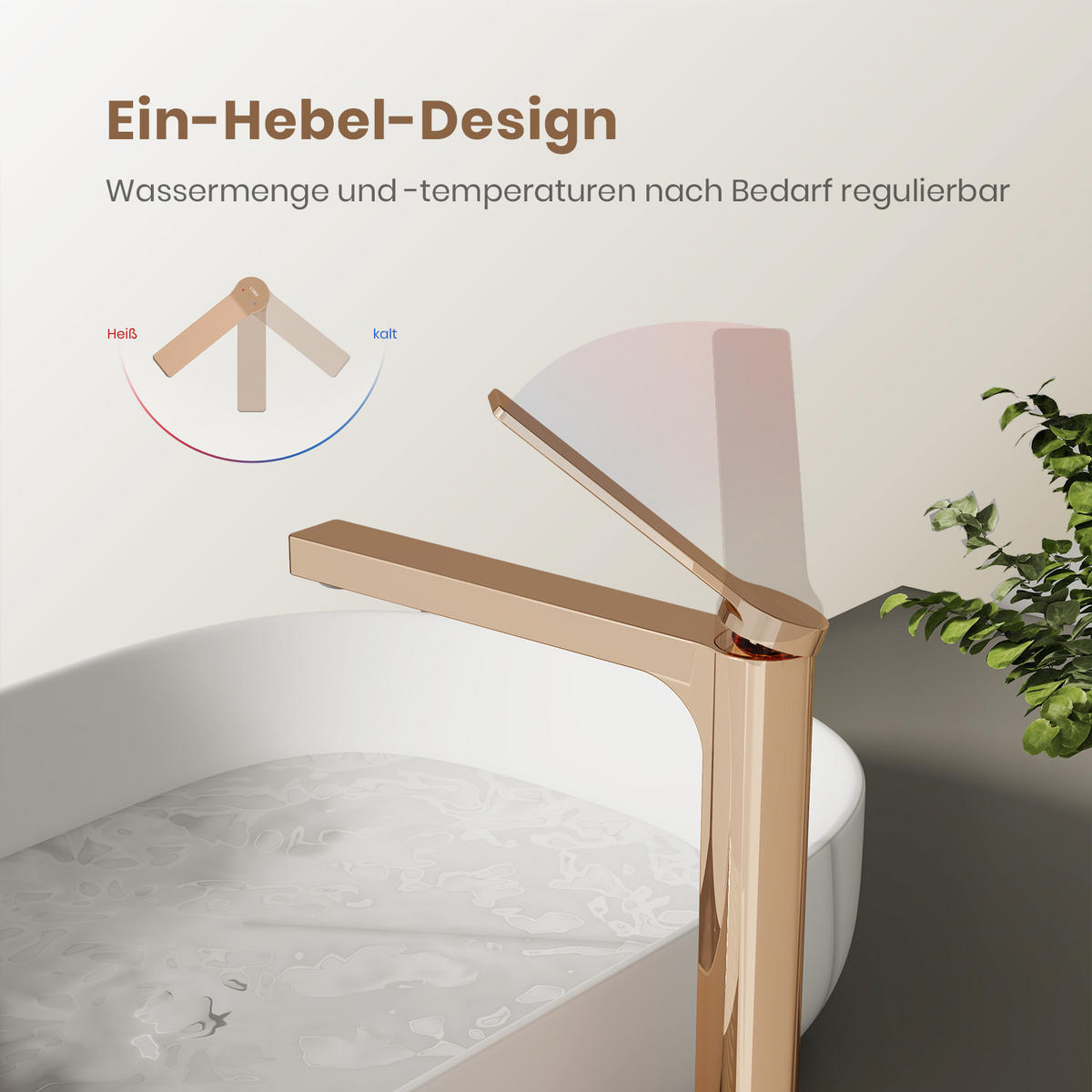 WASCHTISCHARMATUR mit Zertifiziertem Filterelement Rosengold Hoher Stil - Roségold, Metall (23.3/4.6/33.5cm) - EMKE