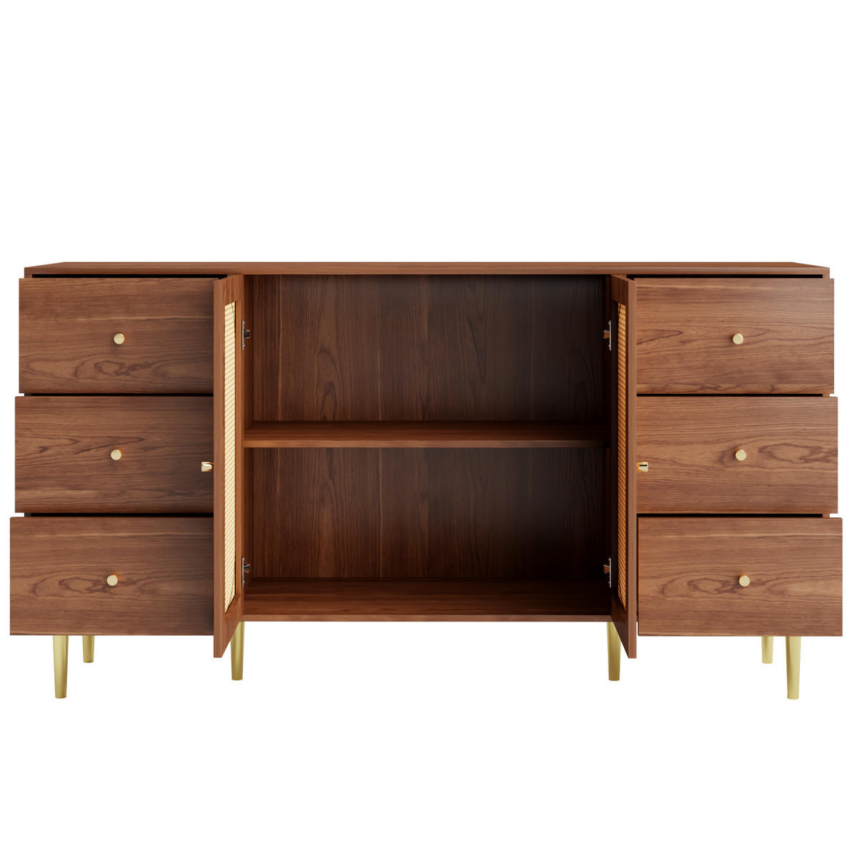 SIDEBOARD 160/40/90 cm in Holzoptik mit Rattantüren und 6 Schubladen - Eichefarben, Holzwerkstoff (160/90/40cm) - Flora Grace