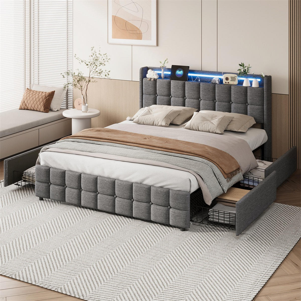 POLSTERBETT 160x200 cm Square Smart mit RGB-LED, EU-Steckdosen & USB-Ports, 4 Schubladen, Leinen-Optik, Dunkelgrau - Grau, Textil (160/200cm) - DELFA