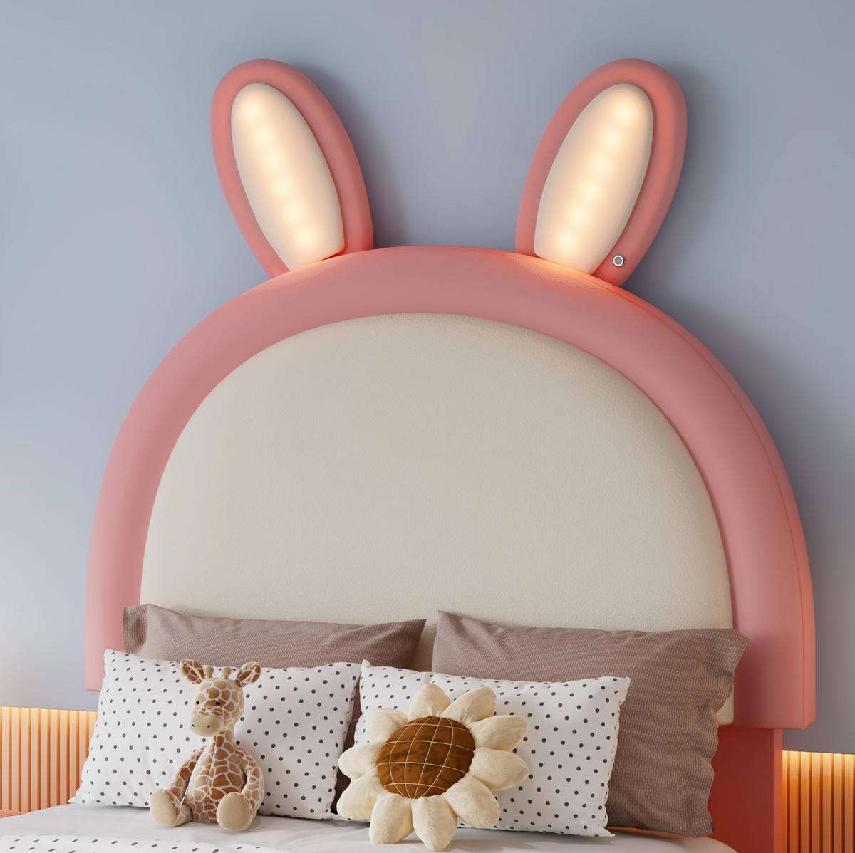 KINDERBETT Polsterbett 90/200 cm aus PU mit LED-Lichtleiste und Hasen-Kopfteil Rosa/Weiß - Weiß, Kunststoff (90/200cm) - Modenvie