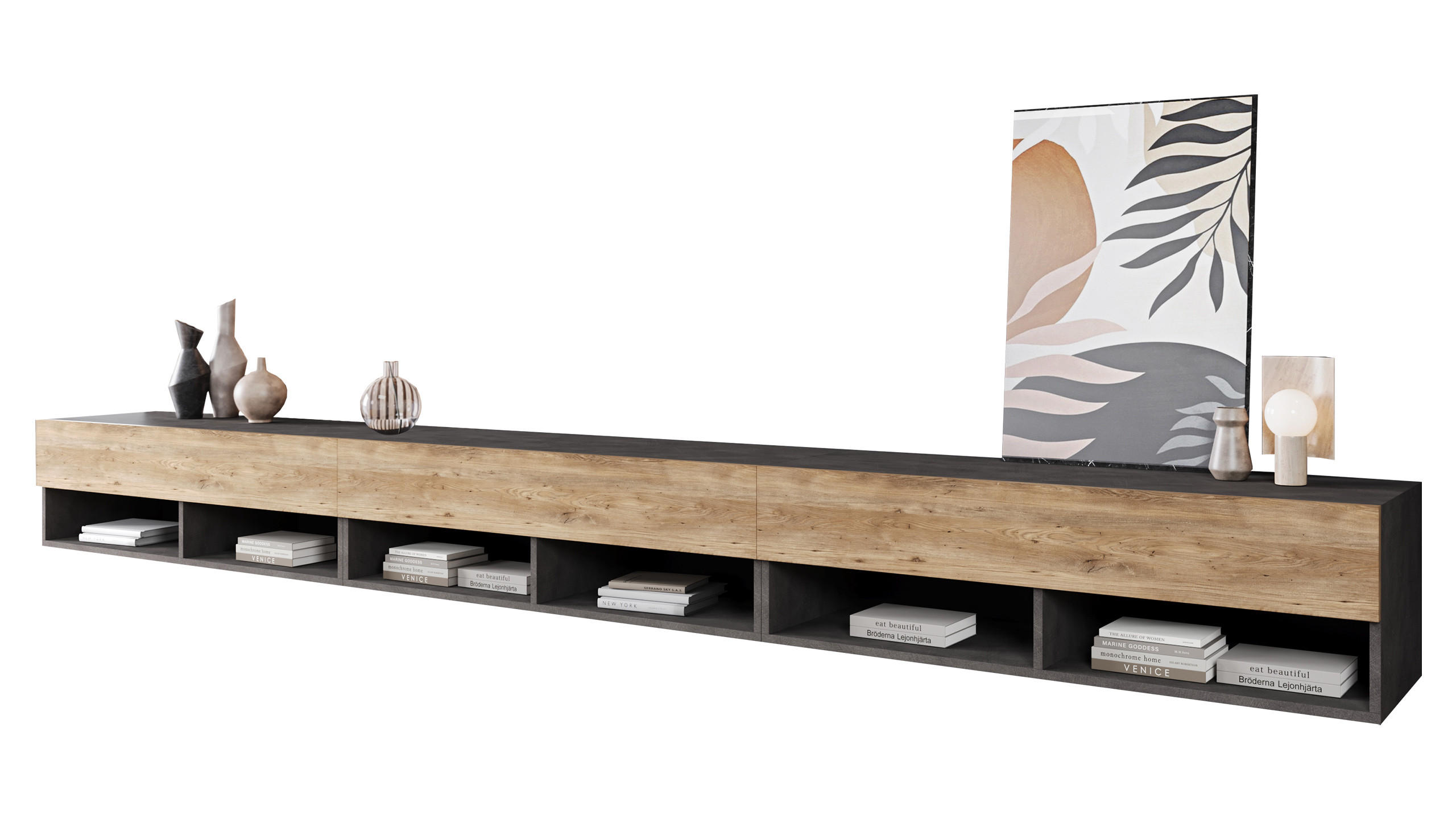 Mirjan24 Tv-Lowboard Grau, Braun 300x32x33 cm