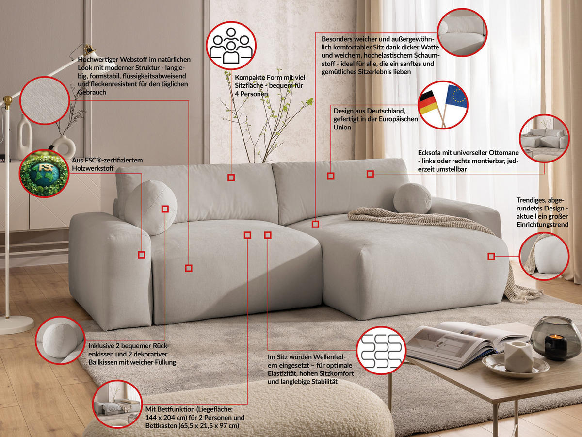 ECKSOFA Puffy mit Schlaffunktion und Bettkasten - besonders weich und puffig aus Beige Webstoff - Ottomane rechts - Beige/Schwarz, Holz/Kunststoff (266/138cm) - S-Style Möbel