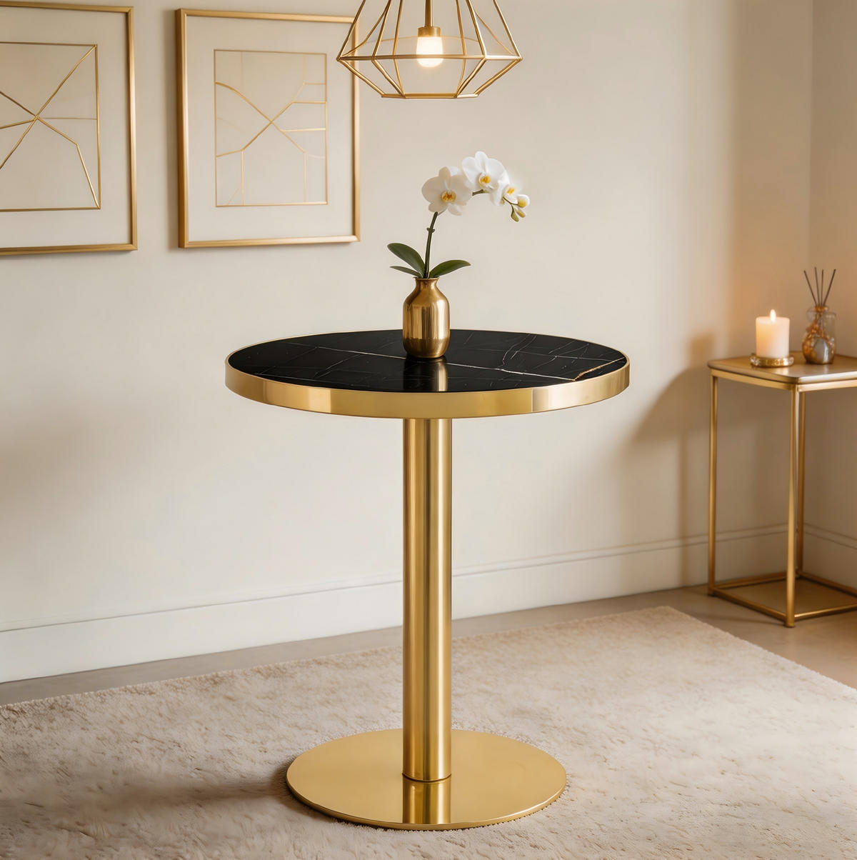 BEISTELLTISCH aus MDF 60x60x73 cm Schwarz/Gold mit Marmoroptik und Edelstahlgestell - Schwarz, Holzwerkstoff (60/60/73.7cm) - IVMEU