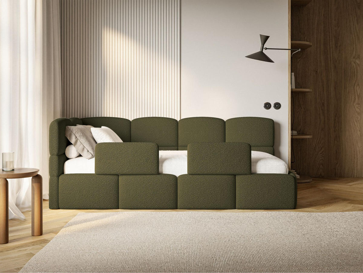 JUGENDBETT Cloudy links mit Matratze und Rausfallschutz Bouclé Olivgrün - Olivgrün, Kunststoff/Textil (90/200cm) - Selsey