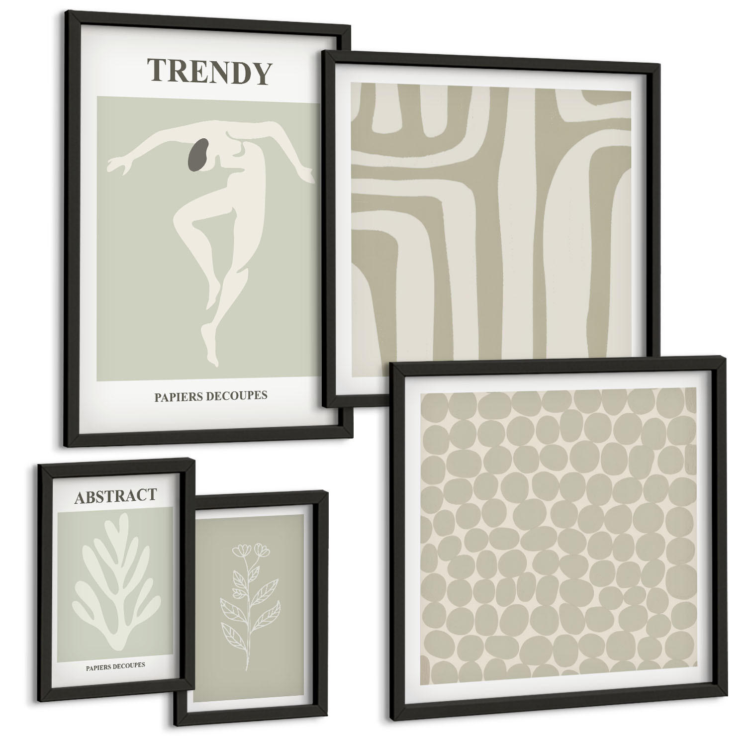 BILDER SET 5er Set - 50x50 cm & 20x30 cm & 40x60 cm Schwarzer Rahmen - Pflanzen- und geometrische Muster - Schwarz, Kunststoff (40/60cm) - TULUP