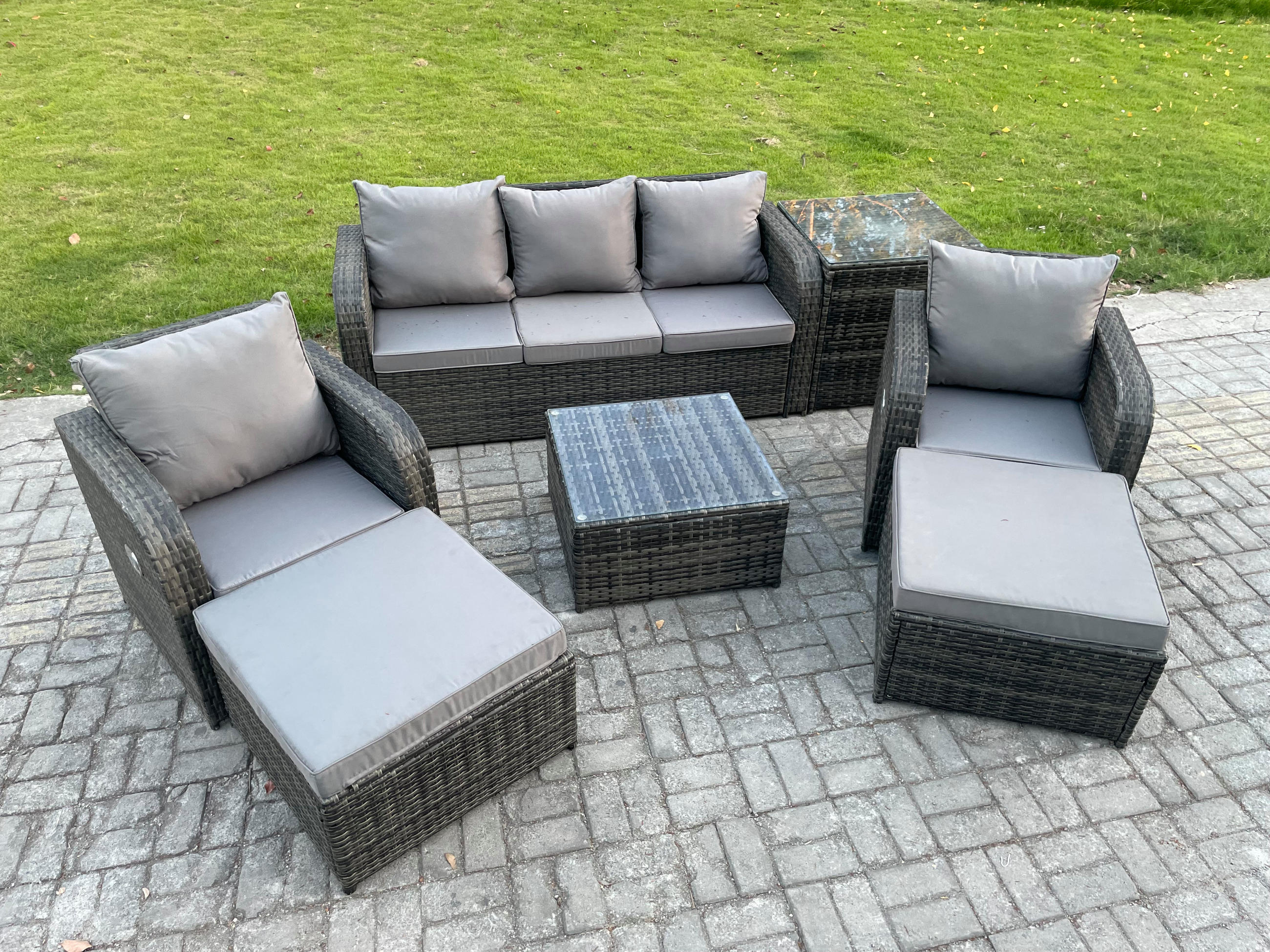 Thumbnail - Fimous Gartenmöbelgarnitur, Dunkelgrau, Metall, Kunststoff, Glas, 7-Sitzer, Füllung: Schaumstoff, quadratisch, Loungemöb...