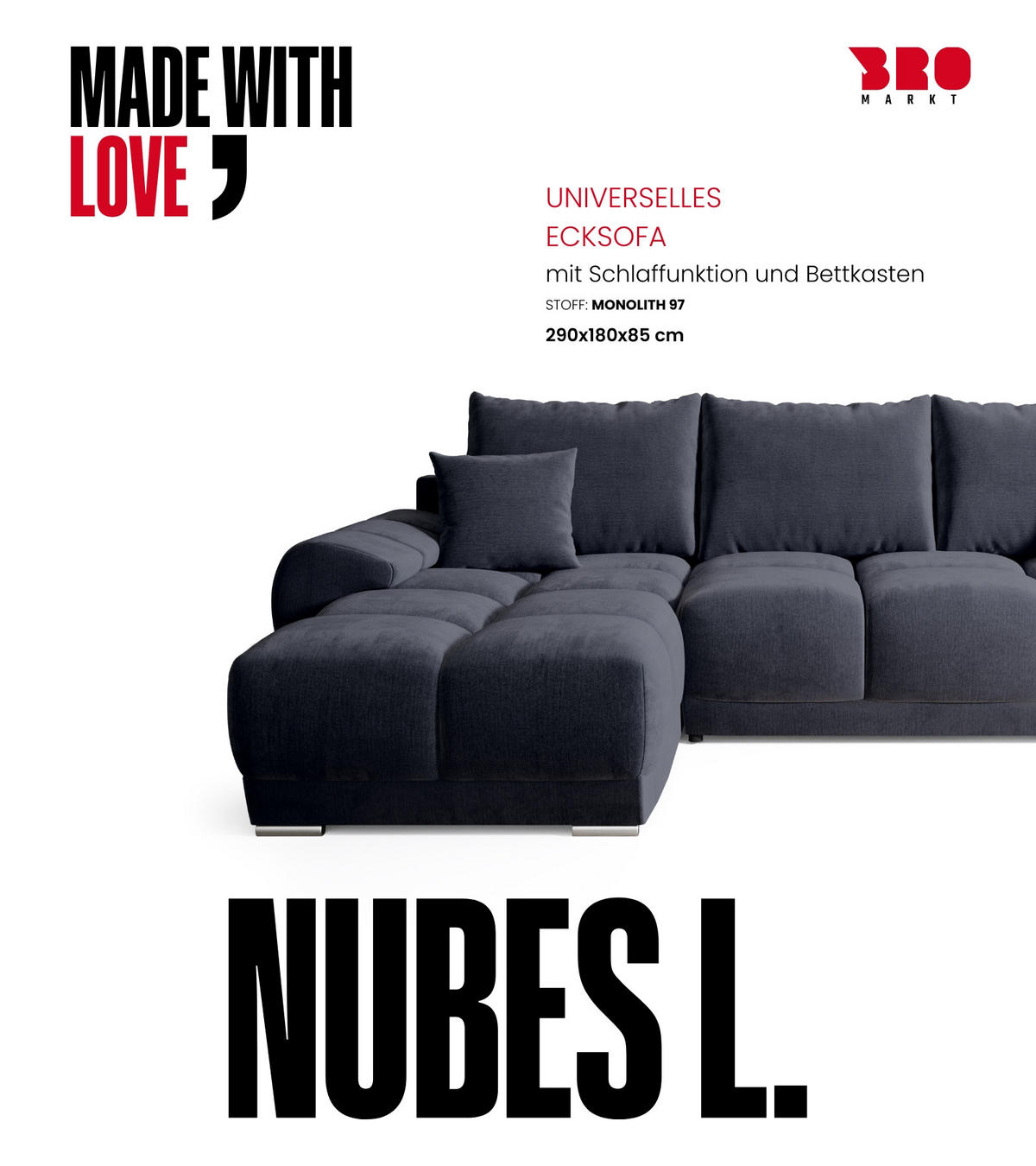 ECKSOFA Nubes mit Schlaffunktion Graphit Plüsch - Silberfarben/Graphitfarben, Kunststoff/Textil (290/180cm) - Bromarkt
