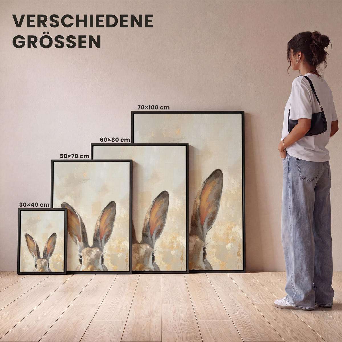 LEINWAND Bilder mit Rahmen - Hase - Ohren - Braun - 60x80 - Beige, Textil (60/80cm) - MuchoWow