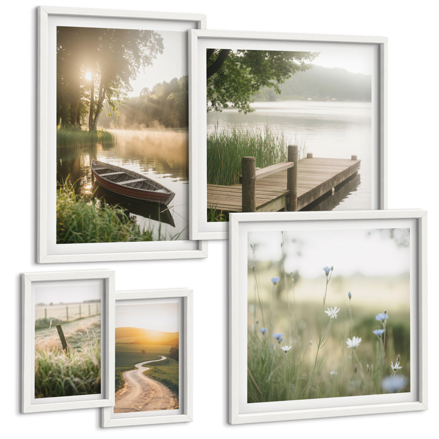 BILDER SET 5er Set - 50x50 cm & 20x30 cm & 40x60 cm Weißer Rahmen - Libellen im Gras, Wassermalerei - Weiß, Kunststoff (40/60cm) - TULUP