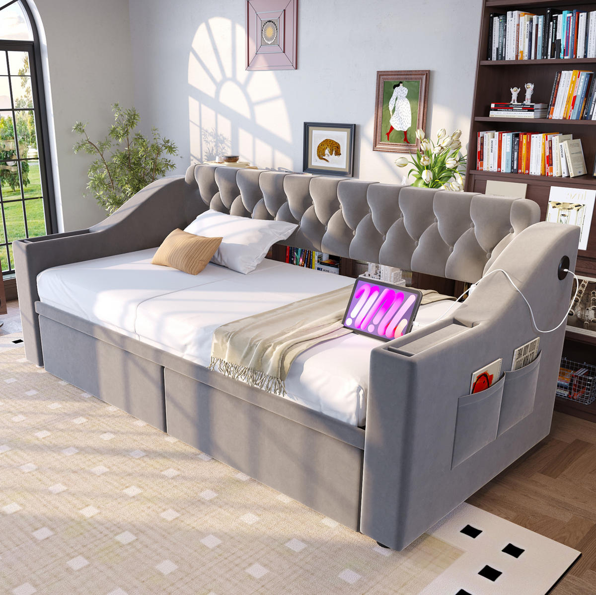 SCHLAFSOFA aus Samtstoff 90x190 cm Hellgrau mit USB-Anschluss und 2 Stauraumschubladen - Hellgrau, Textil (90/190cm) - IVMEU