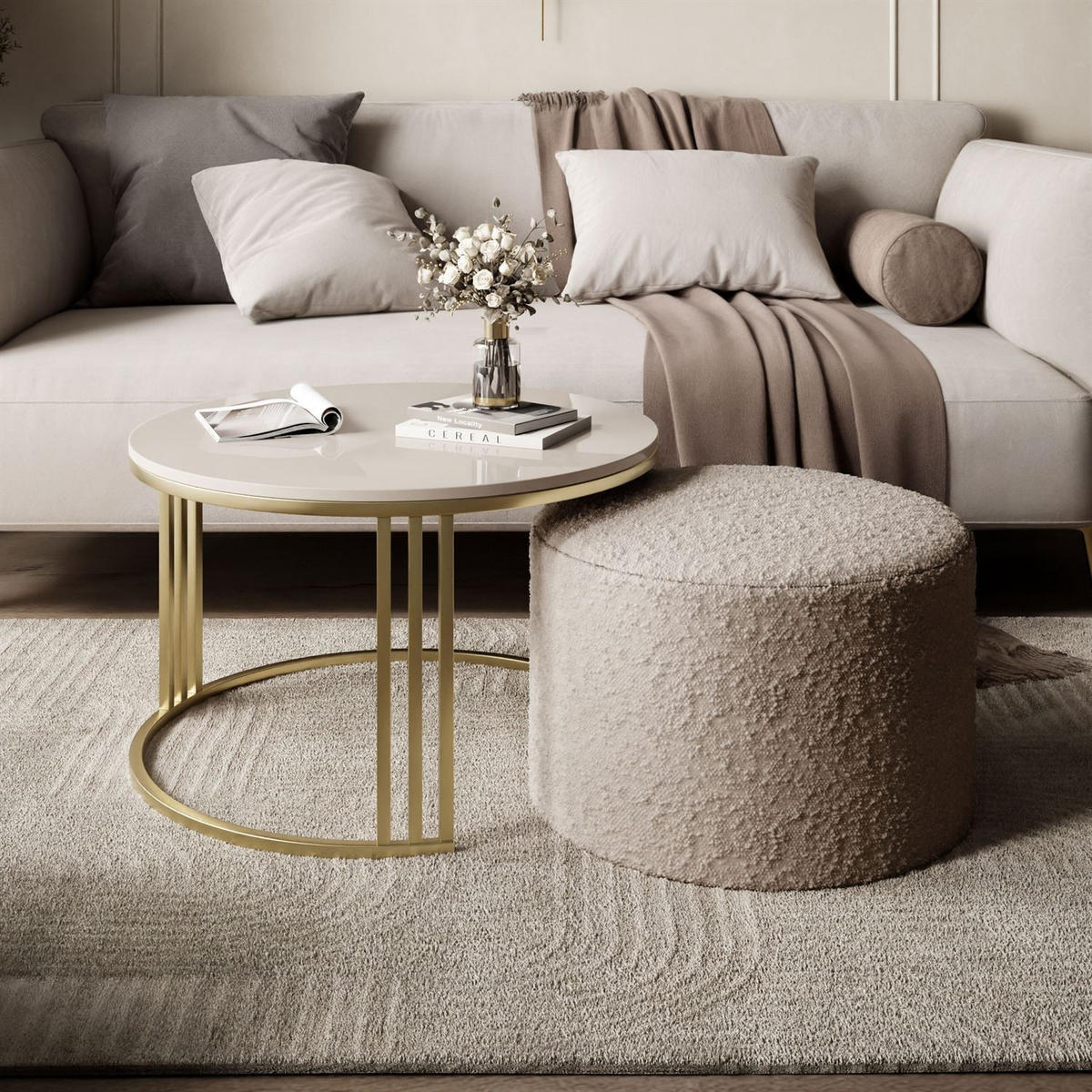 COUCHTISCH mit Hocker LORI Hochglanz gebürstetes Gold/glänzender Kaschmir/Coral 50 - Kaschmir, Metall (70/70/49cm) - Lookway