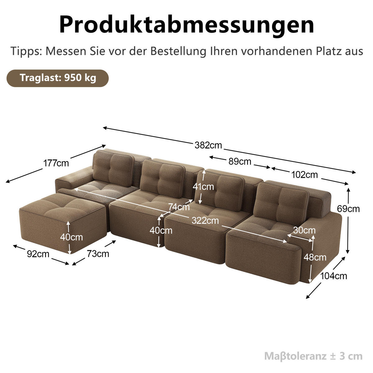 ECKSOFA 382/177/69 cm Braun Cord mit Ottoman - Braun, Textil (382/177cm) - Oxeza