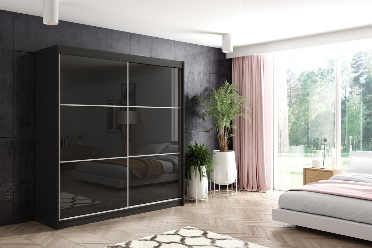KLEIDERSCHRANK mit Lacobel-Schiebetüren und Aluminium-Leisten - VIVONA - 200 cm Schwarz - Schwarz, Holzwerkstoff (200/216/61cm) - ALTDECOR