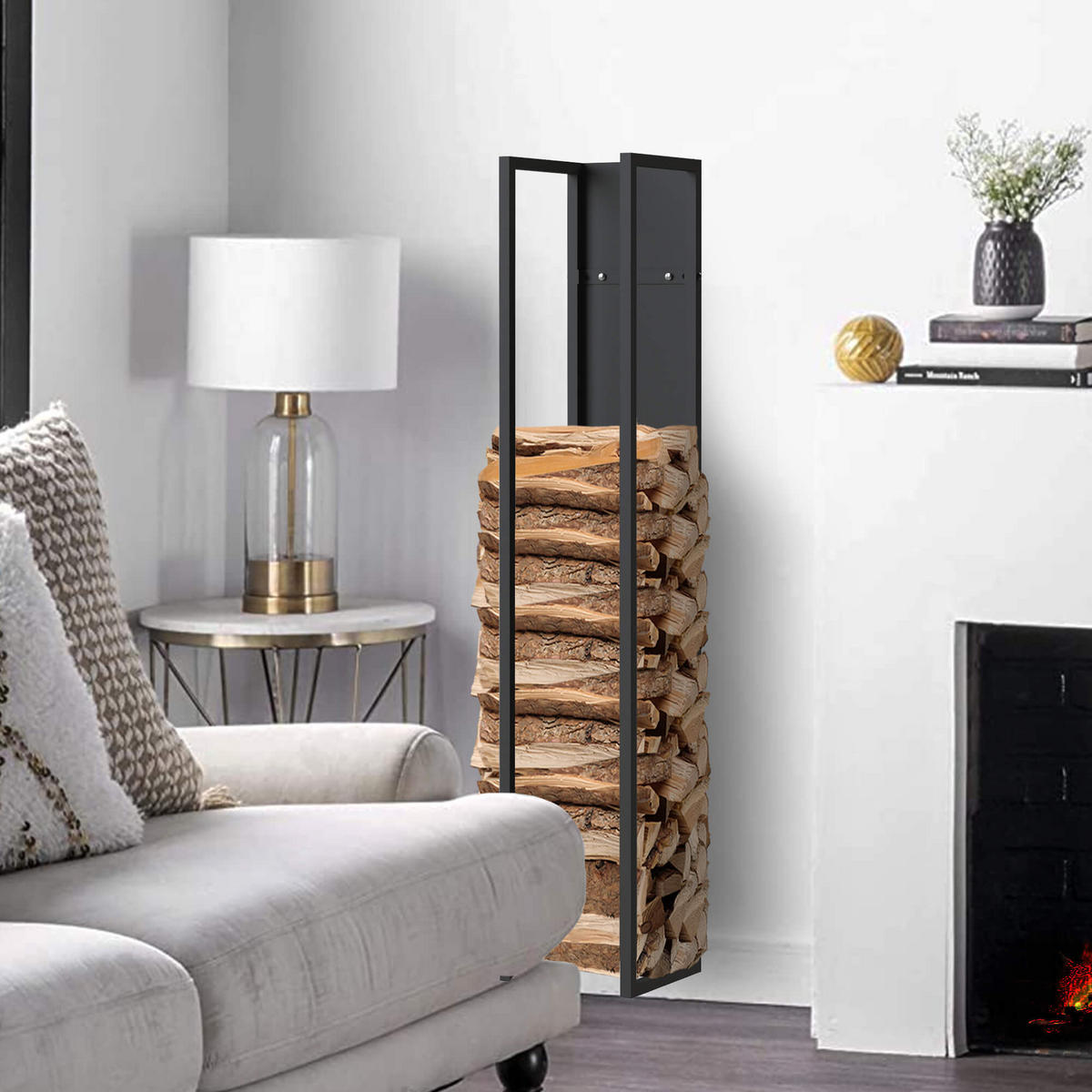 KAMINHOLZREGAL Wand Metall Schwarz 25/25/140 cm - Schwarz, Metall (25/140/25cm) - DanDiBo
