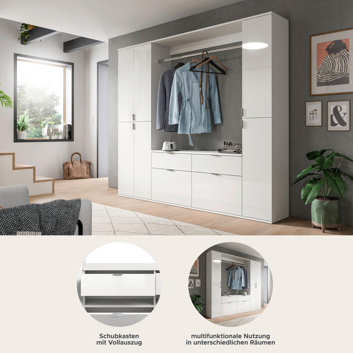 GARDEROBENKOMBINATION 4tlg. Projekt X Garderobe in weiß Nb. und weiß hochglanz B/H/T: 212x193x34 cm - Weiß, Holzwerkstoff (212/193/34cm)