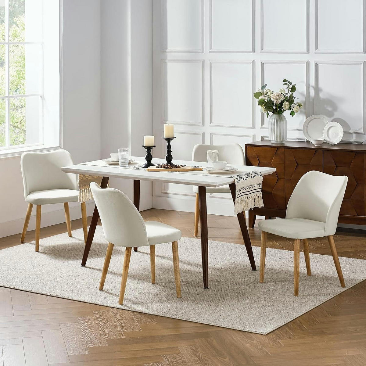 ESSZIMMERSTUHL 4er Set Weiß mit Holzbeinen - Weiß, Textil (47/77/51cm)