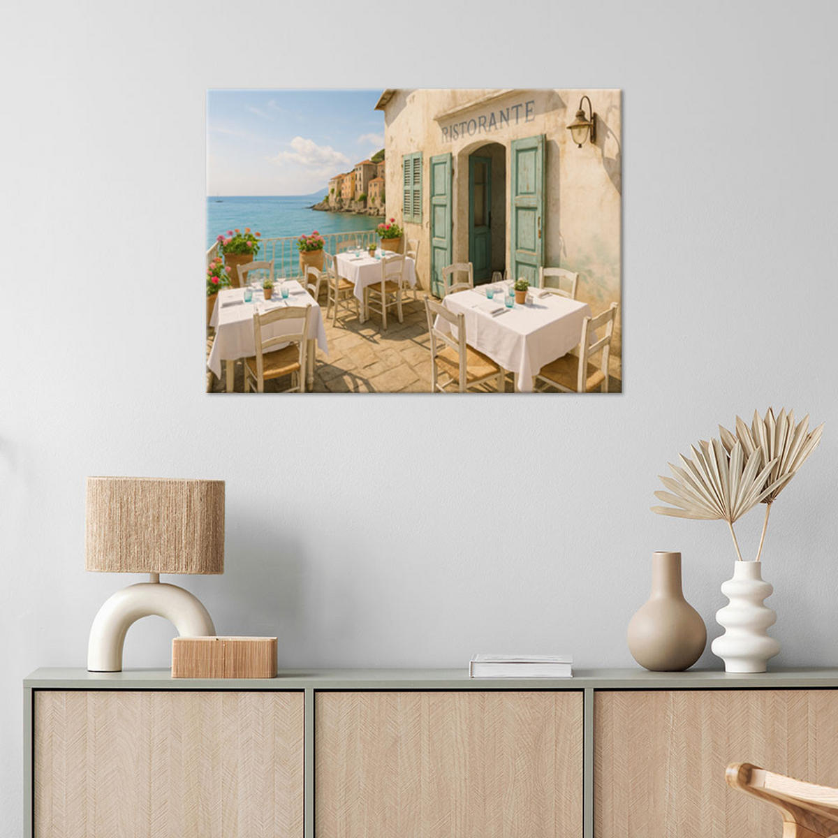 LEINWANDBILD Italienisches Restaurant Blick 100x70cm - Beige, Textil (100/70cm) - Feeby