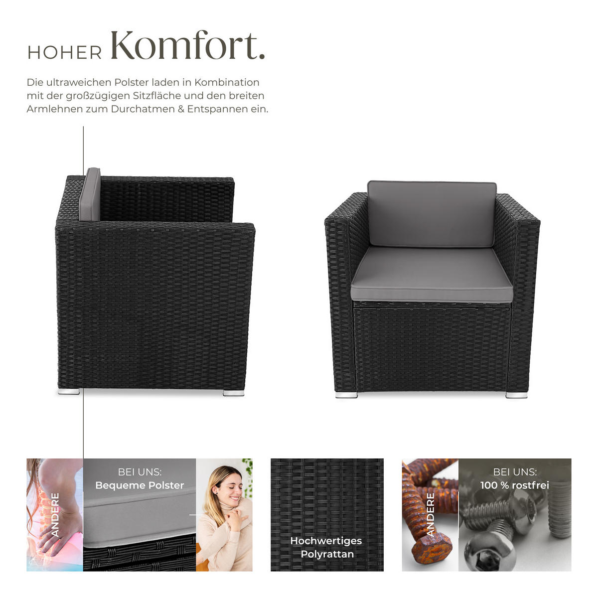 RATTANSESSEL Lignano,70 x 69 x 65cm,schwarz - Schwarz, Kunststoff (70/65/69cm) - tectake