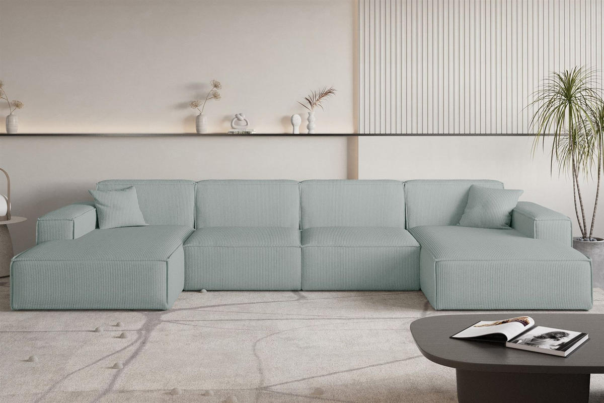 WOHNLANDSCHAFT U-form Celes Premium Stoff Scala - Pastellblau, Holzwerkstoff/Textil (379/73/165cm) - Fun Möbel