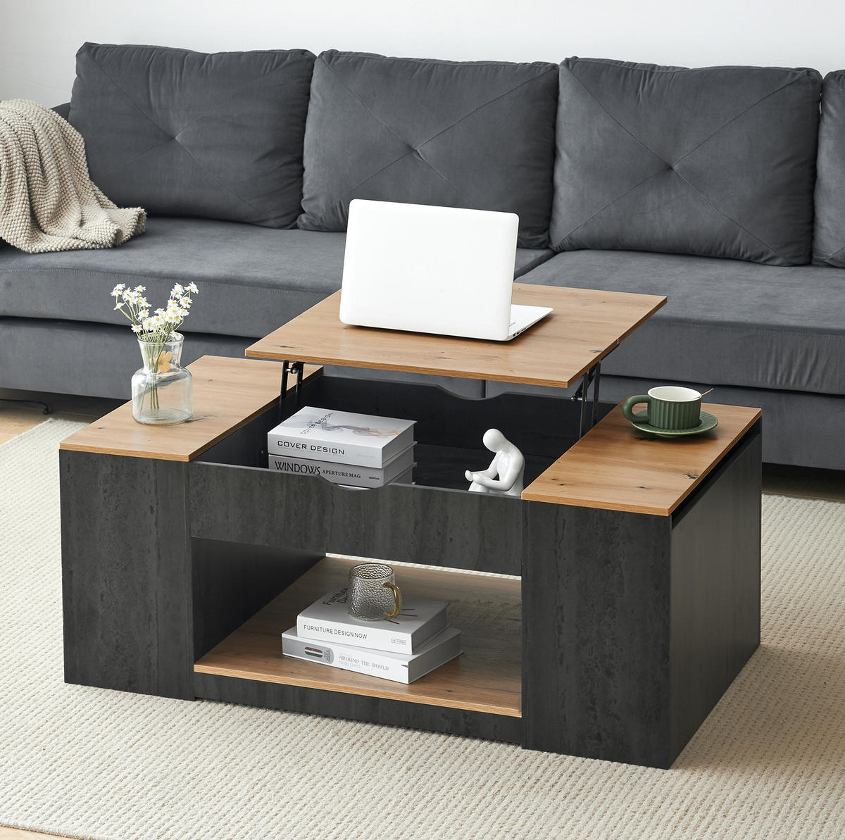 COUCHTISCH 109,5/59,7/43 cm grau braun aus Holzwerkstoff mit Liftfunktion und Stauraum - Grau, Holzwerkstoff (109.5/59.7/43cm) - OKWISH