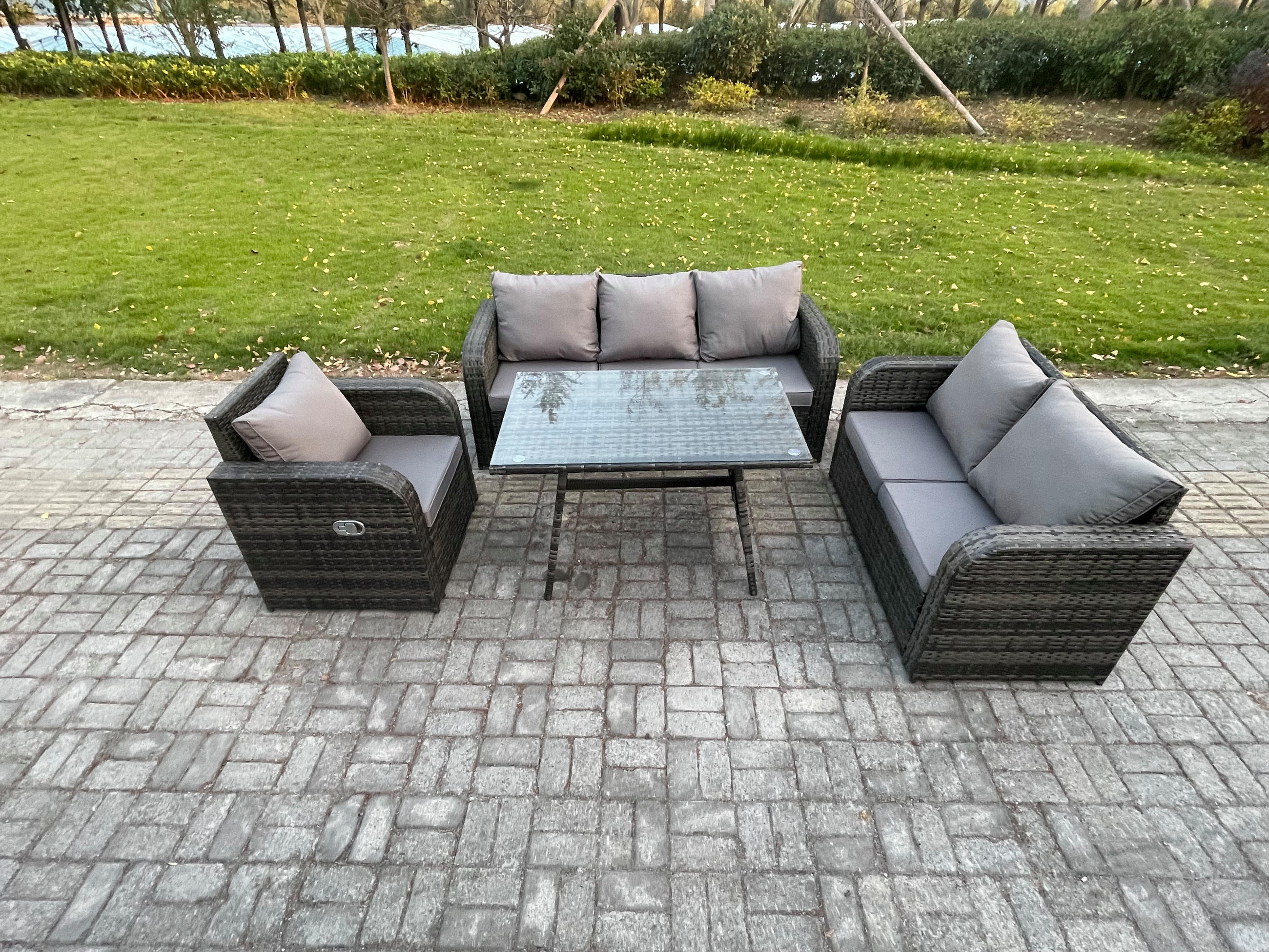 GARTENMÖBEL SET Polyrattan Dunkelgrau 6-Sitzer - Dunkelgrau/Grau, Glas/Kunststoff - Fimous