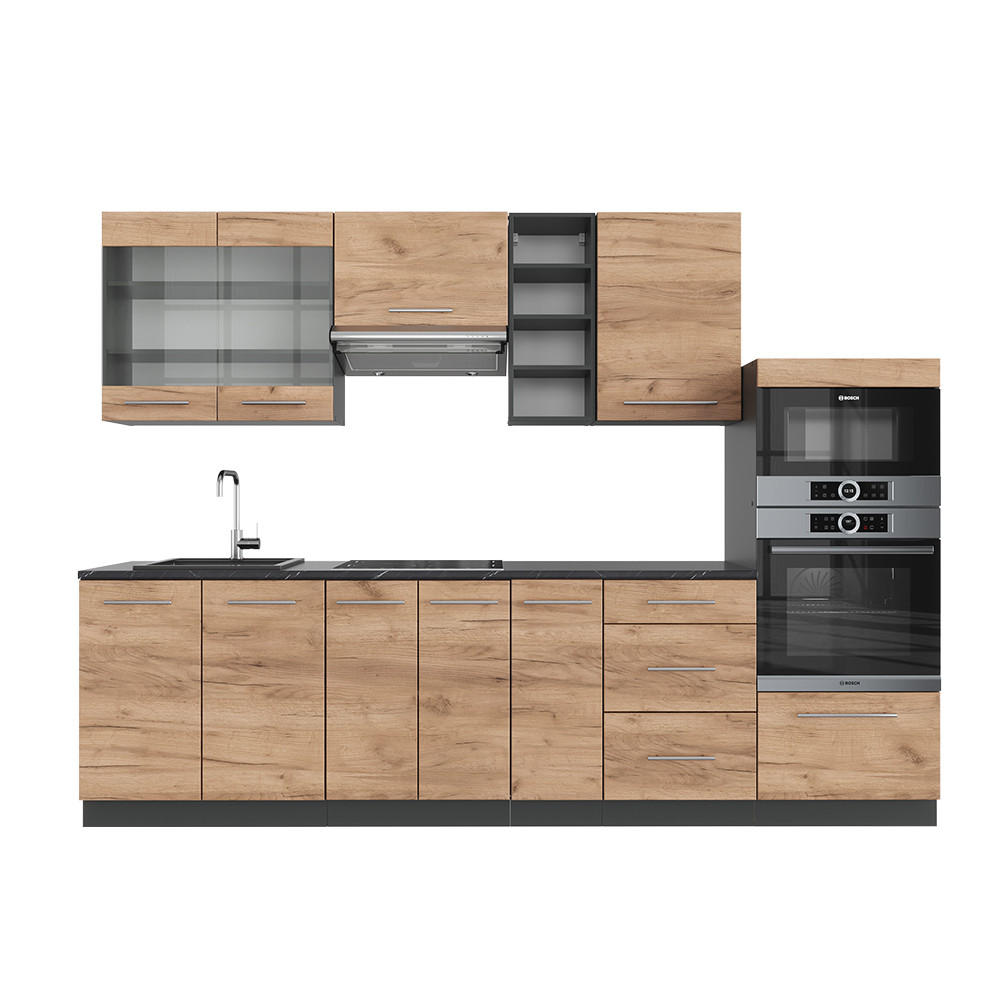 KÜCHENZEILE Fame-Line Goldkraft Eiche/Anthrazit 280 cm ohne AP - Anthrazit/Eiche Wotan, Holzwerkstoff (280/81.6/46cm) - Vicco