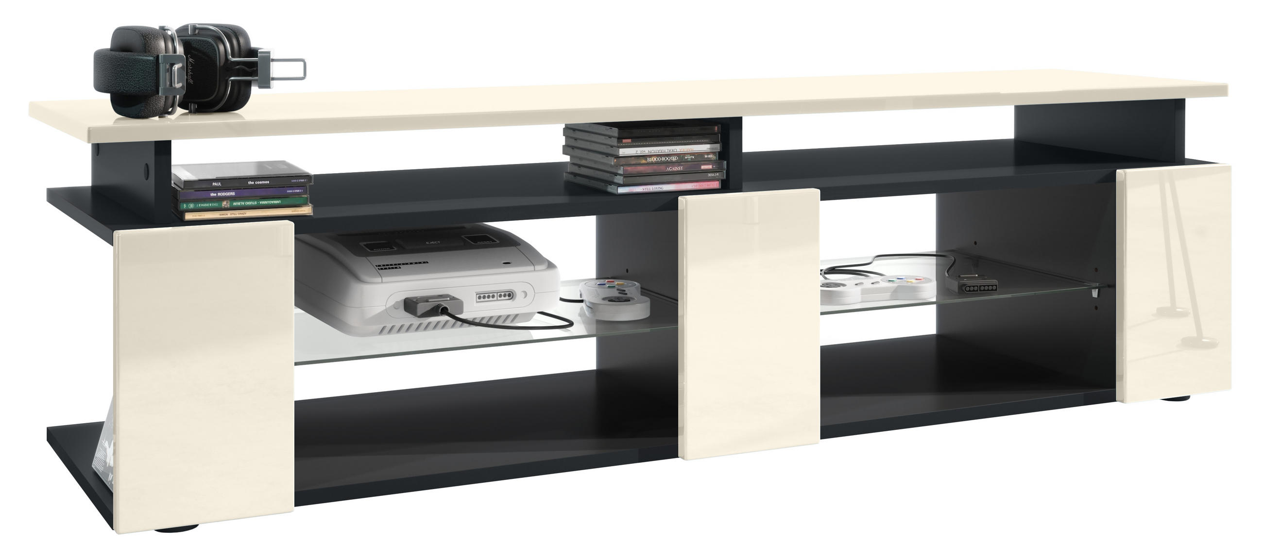 LOWBOARD Movie Fronten und obere Platte des Aufsatzes in Creme Hochglanz - Creme, Holzwerkstoff (138.5/39/39cm) - Vladon