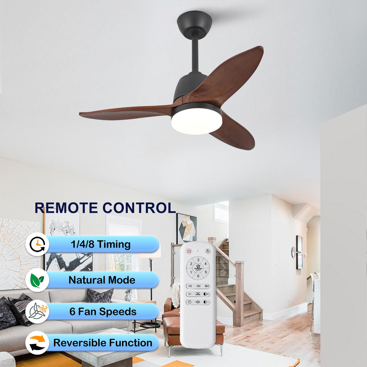 DECKENVENTILATOR DE-16248 36 Zoll mit Holzflügeln & Steuergriff Schwarz - Walnussfarben, Holz (92/92/45cm) - ComfortXL