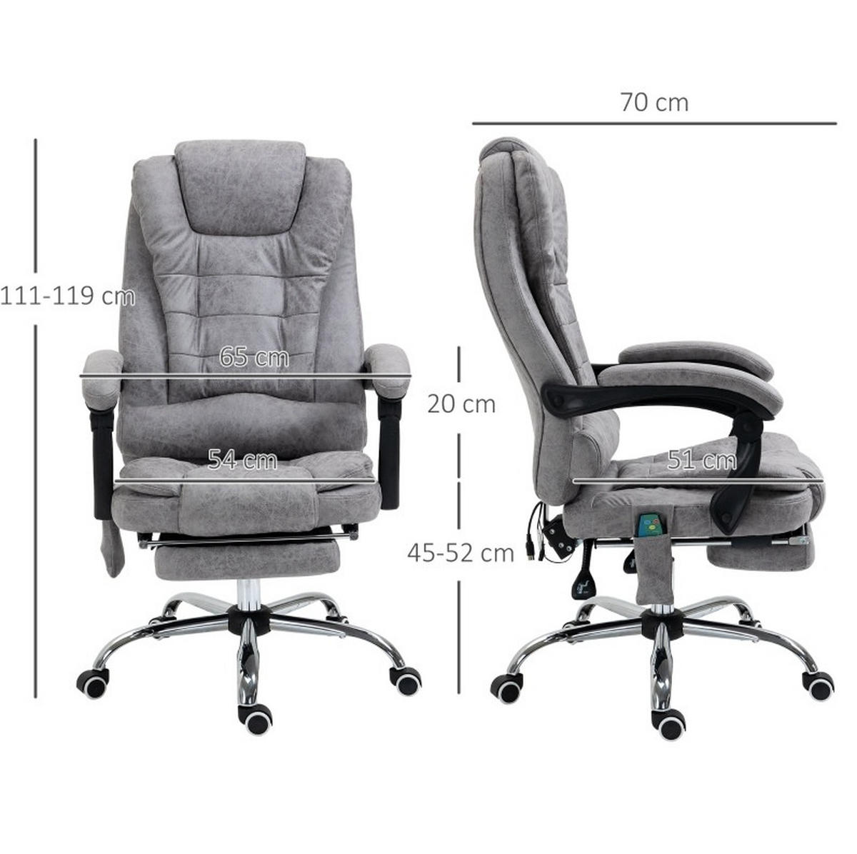 DREHSTUHL 65/70/111-119 cm grau aus Mikrofaser mit Massage - Grau, Textil (70/119/65cm) - OKWISH