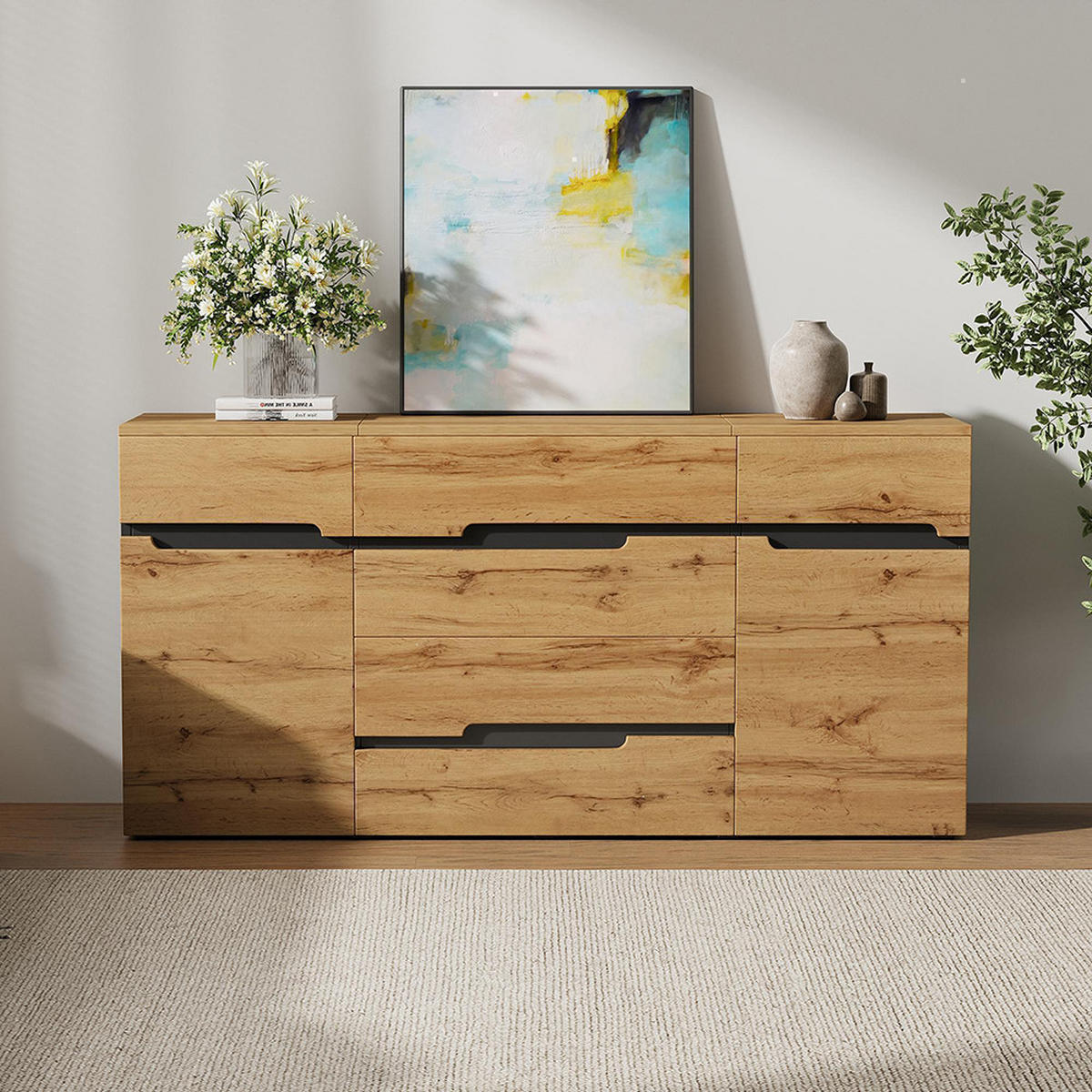 KOMMODE 160 x 40 x 80 cm mit 4 Schubladen, Holzfarbe + Schwarz - Naturfarben, Holzwerkstoff (40/80/160cm) - KOMHTOM