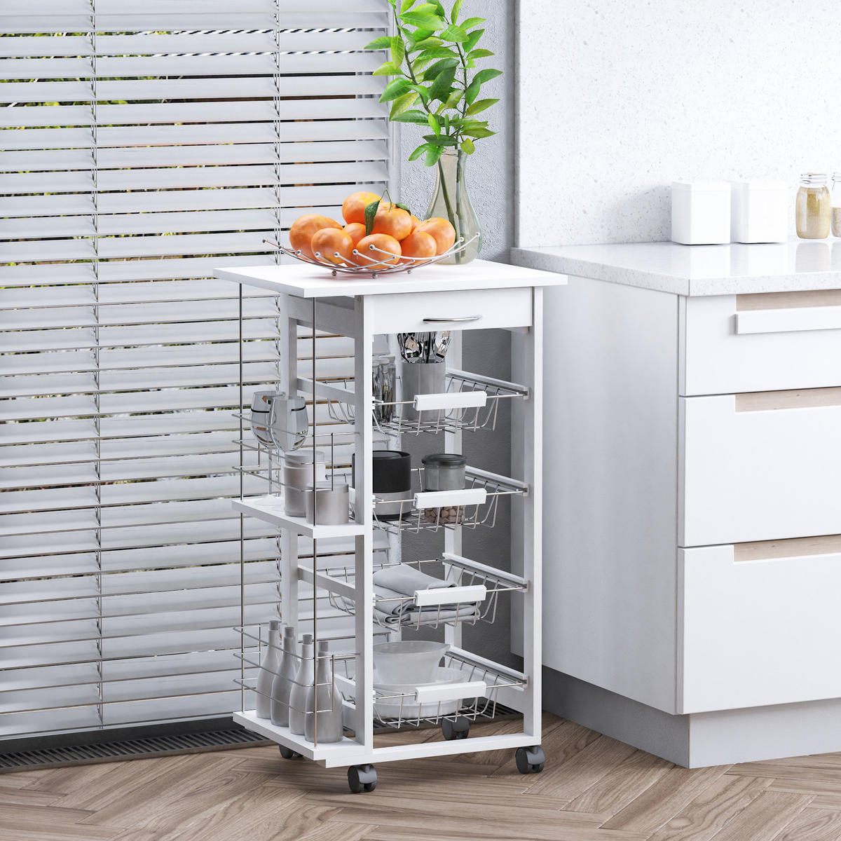 KÜCHENWAGEN, Wagen mit Schublade und 4 Körben 47 x 37 x 83 cm, Weiß - Multicolor, Metall (47/83/37cm) - FORIOUS
