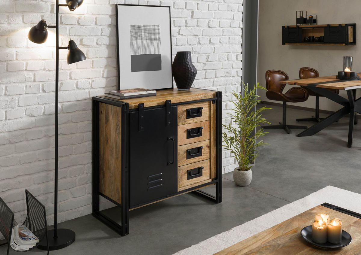 KOMMODE Mango 90x45x90 natur klar lackiert / Metall schwarz BLACKBURN #108 - Braun, Holz (90/90/45cm) - Massivmoebel24