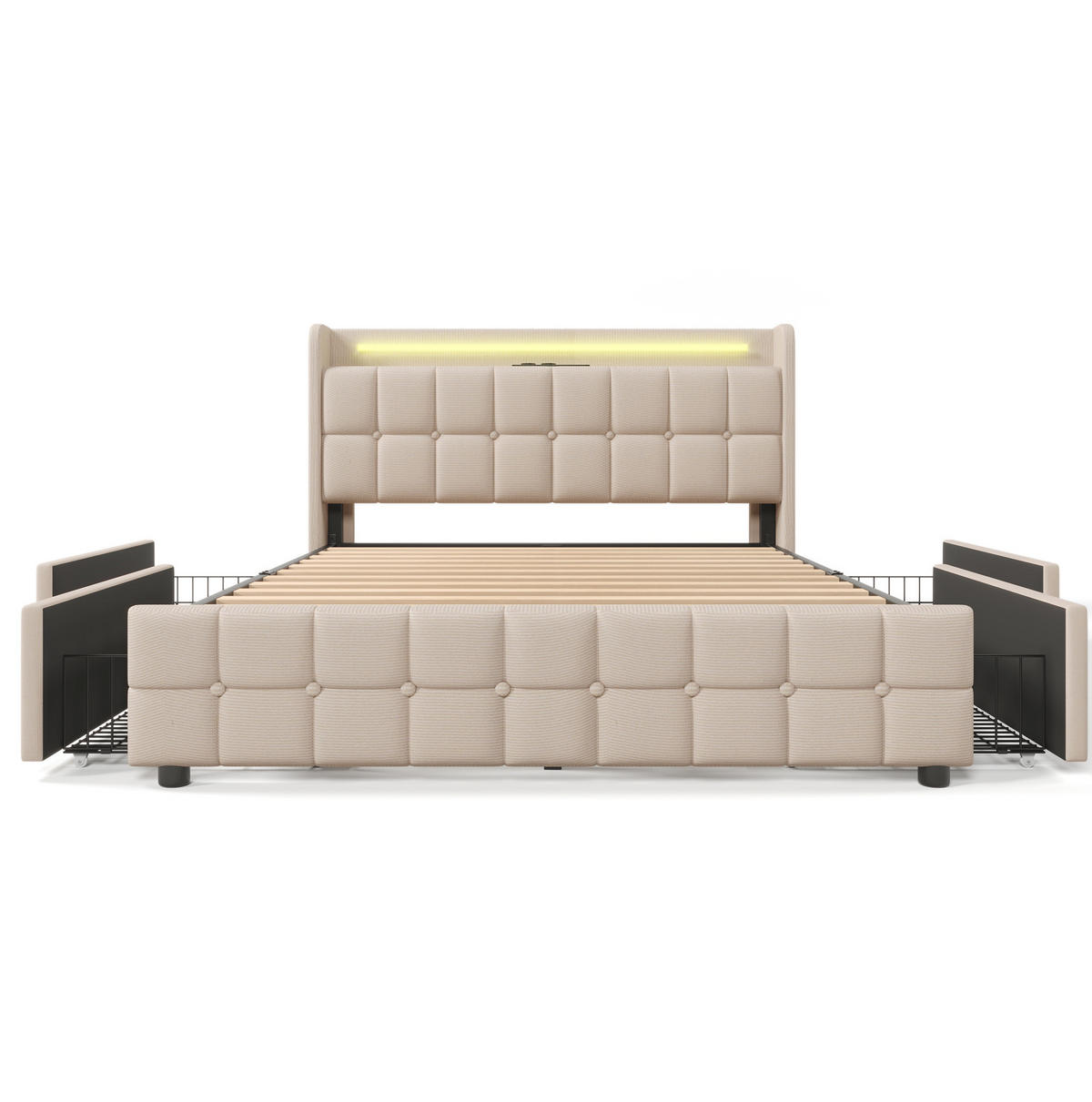 TAPECIRANI krevet 160/200 cm s LED osvjetljenjem, USB priključcima i 4 ladice, Bež - bež, drvo (160/160cm) - Redom