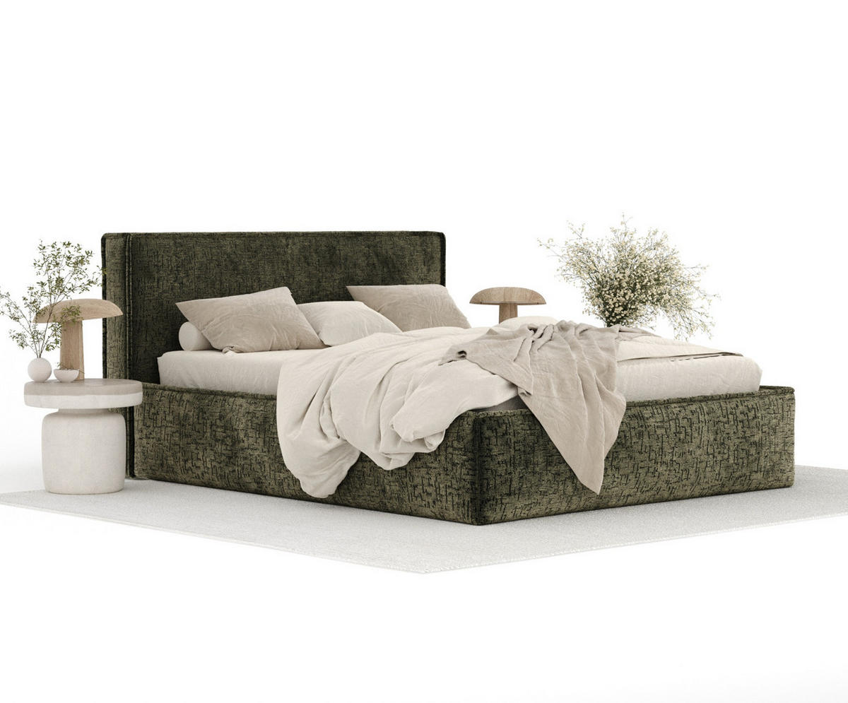 POLSTERBETT Lounge Olivenfarbe 180/200 cm im Chenille-Stoff - Naturfarben/Olivgrün, Holz/Holzwerkstoff (180/200cm) - Maison de Reve