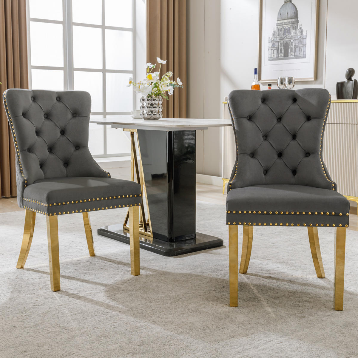 ESSZIMMERSTUHL 2-Tlg Samt Grau Gold, Nagelkopf, Gold Beine - Grau, Textil (50.5/95/45cm) - FLIEKS
