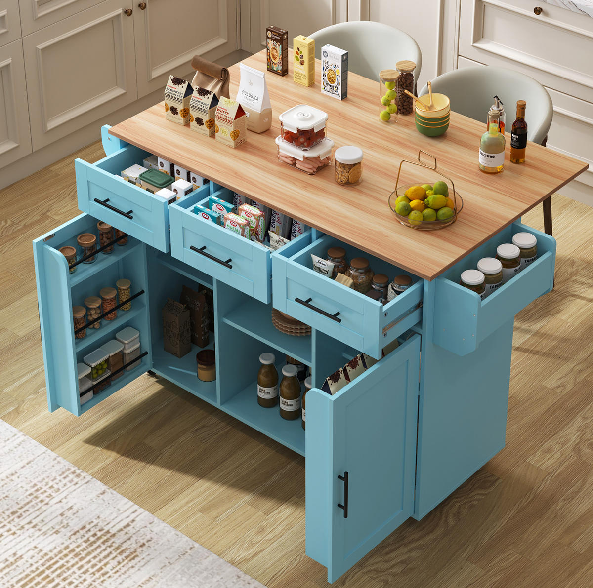 KÜCHENWAGEN 139/46(71)/91,5 cm in Blau mit klappbarer Platte und Rollen - Blau, Holzwerkstoff (139/91.5/46cm) - Flora Grace