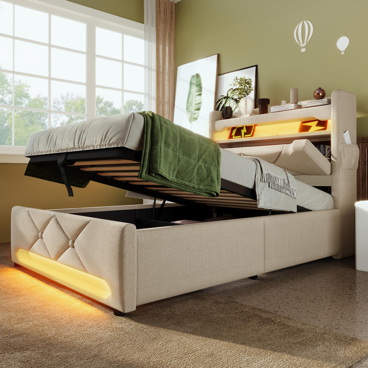 TAPECIRANI krevet 90/200 cm bež od lana s LED rasvjetom i uzglavljem s USB i Type-C priključkom - bež, tekstil (90/200cm) - OKWISH