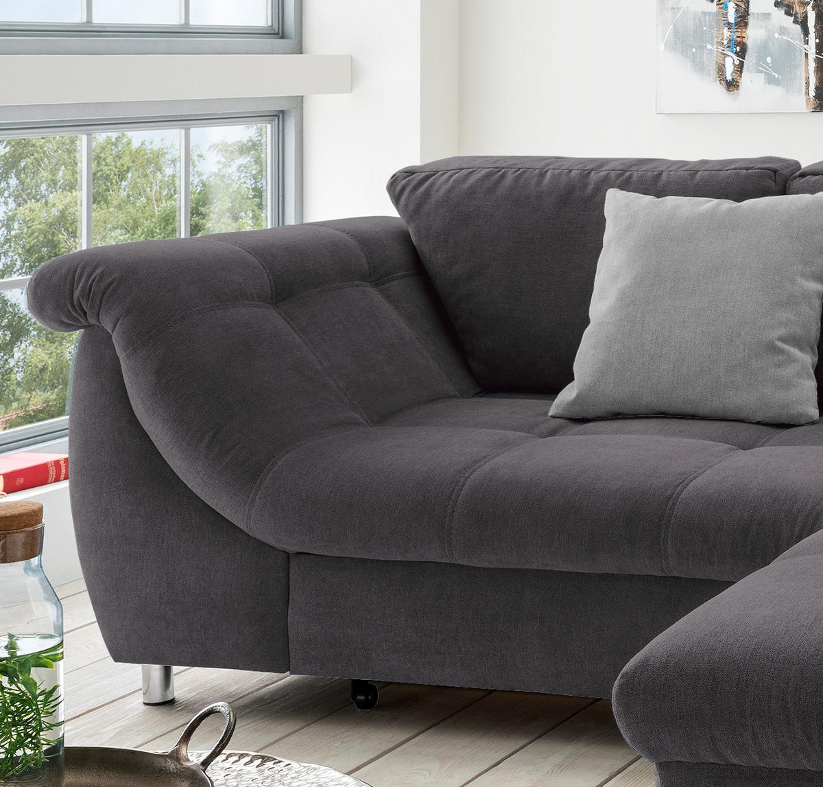 ECKSOFA mit Schlaffunktion, Wellenunterfederung, Ottomane rechts B250/T190/H84 cm, Liegefl. 179x190 cm, Mikrofaser Anthrazit / 17007 - Chromfarben/Anthrazit, Textil/Metall (250/190cm) - luma-home