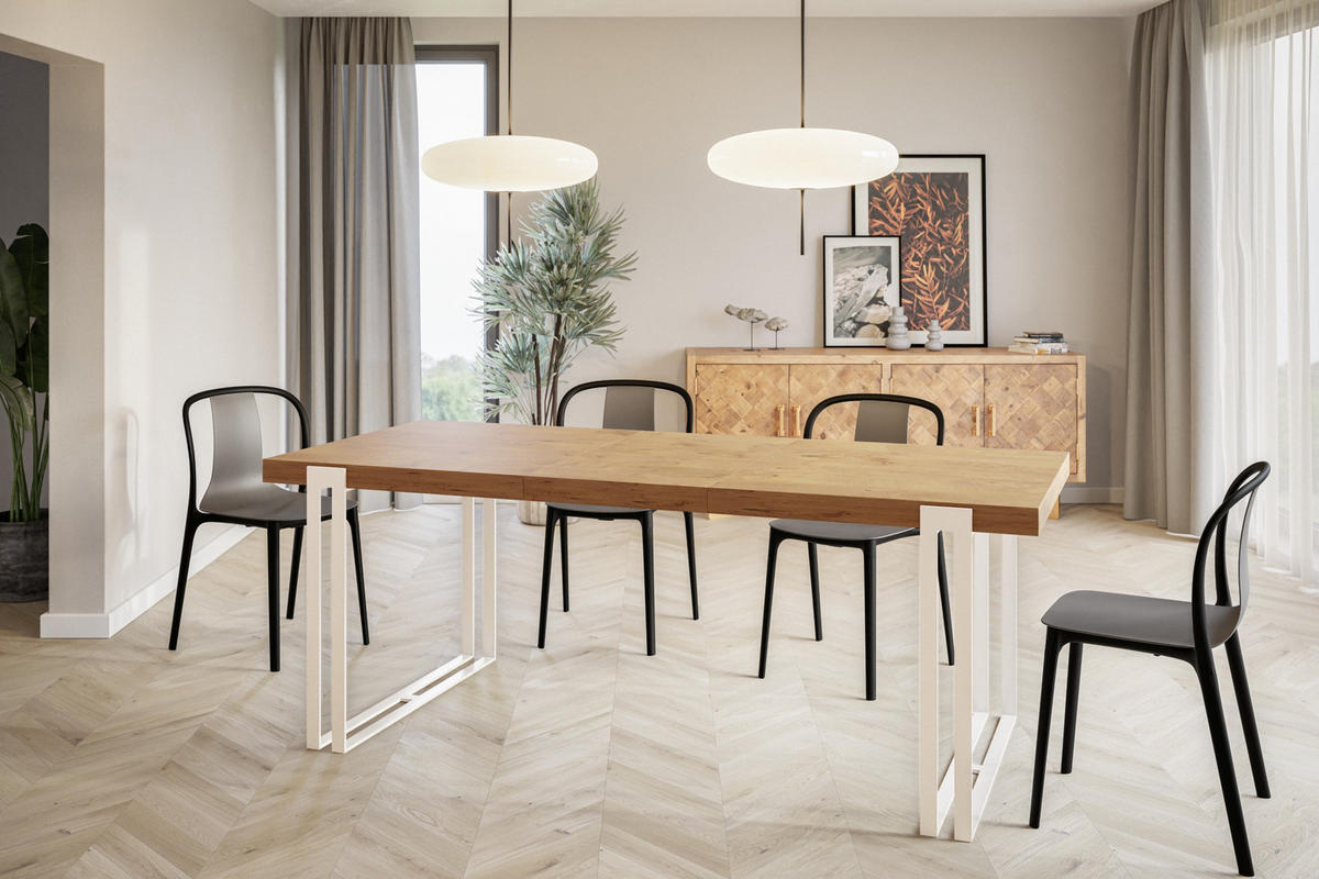 ESSZIMMERTISCH ROSA, ausziehbarer Tisch 140-240X80X77 cm, Farbe: LANCELOT, mit Metallbeinen in Farbe Weiß - Beige/Weiß, Holzwerkstoff (140/80/77cm) - Alpi-Möbel